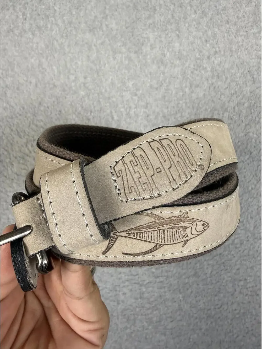 Zep Pro Leather Canvas Belt Embroidery Dolphin Fish Brown Men's 42 Fisherman USA